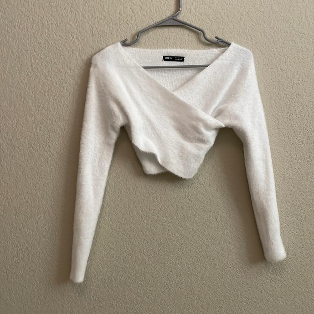 fuzzy cropped crossover sweater
